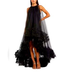 Mac Duggal Black Tulle High Neck Sleeveless Ruffle Hem Hi Low Gown Style #68252